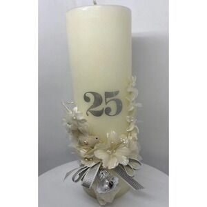 25th Anniversary Candle Cream Color Silver 25 Dove Bell Silk Flowers 9"